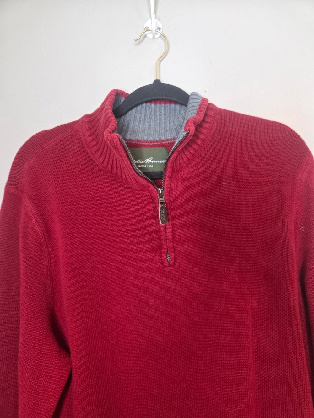 Eddie Bauer Mens XLT Maroon Heavy Knit 1/4 Zip Pullover Mock Neck Sweater